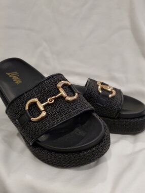 Black Slide Sandals with Gold Horsebit Detail - Women